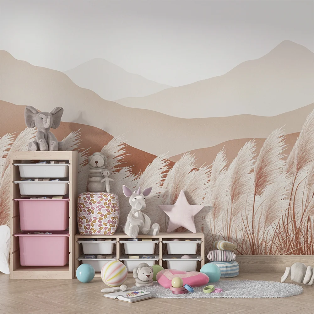 Papier peint chambre bébé | Douces montagnes et herbes pampas dans des tons neutres