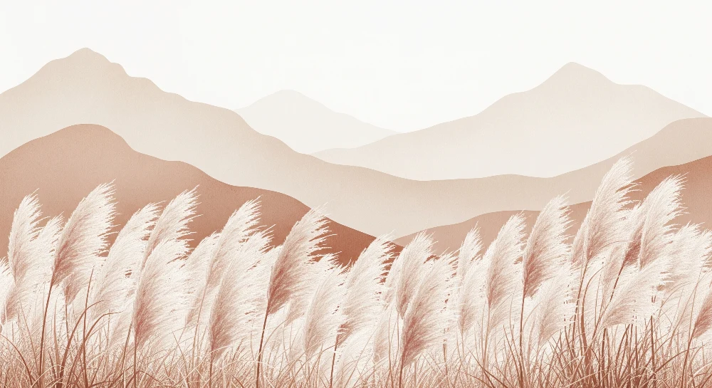 Papier peint chambre bébé | Douces montagnes et herbes pampas dans des tons neutres