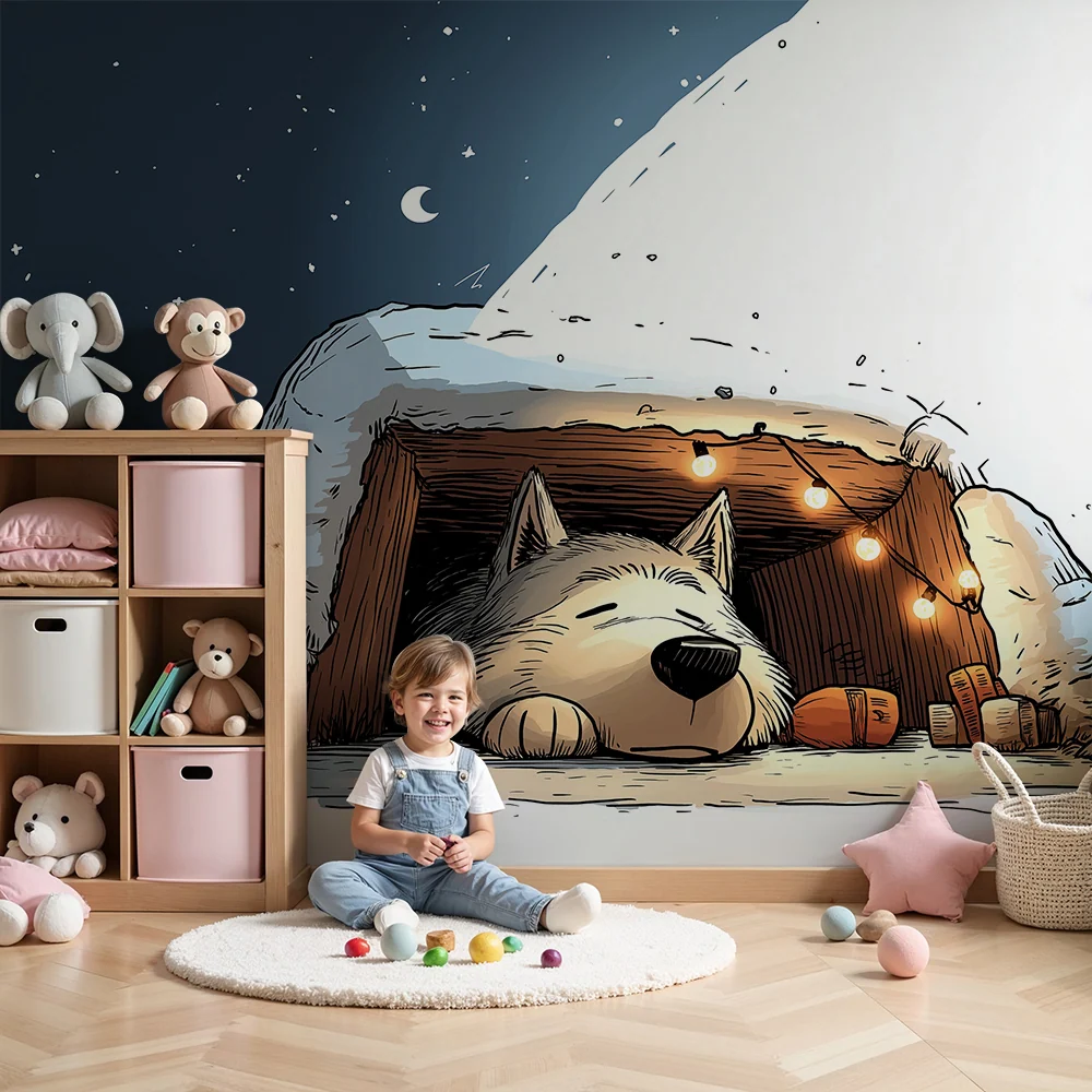 Papier peint chambre enfant | Un adorable chien dormant dans sa cabane enneigée sous un ciel étoilé