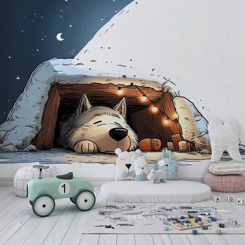 Papier peint chambre enfant | Un adorable chien dormant dans sa cabane enneigée sous un ciel étoilé