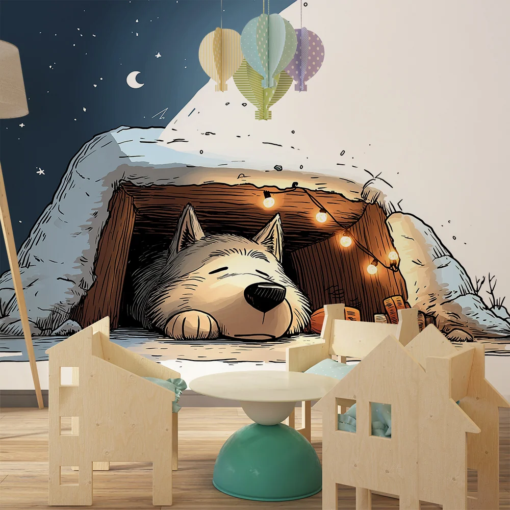 Papier peint chambre enfant | Un adorable chien dormant dans sa cabane enneigée sous un ciel étoilé