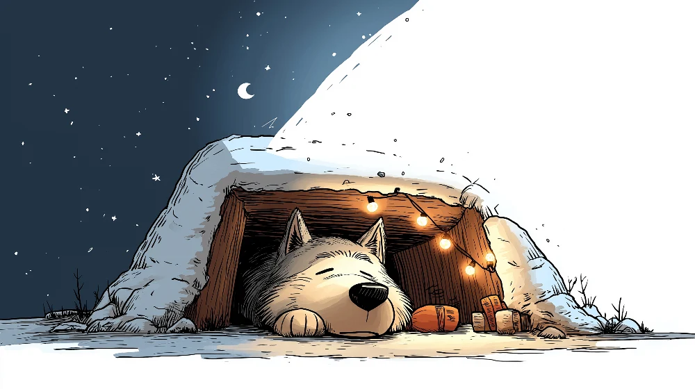 Papier peint chambre enfant | Un adorable chien dormant dans sa cabane enneigée sous un ciel étoilé
