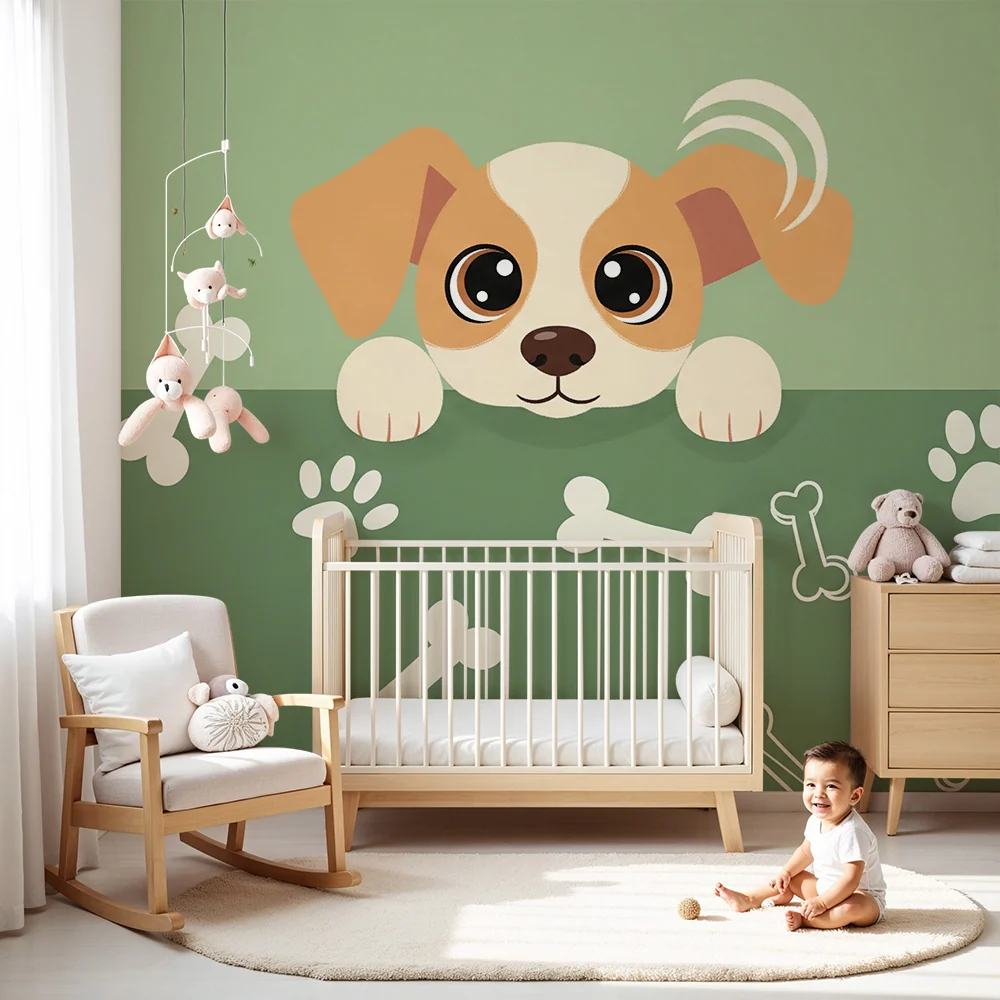 Papier peint chambre enfant | Adorable chiot avec os et empreintes de pattes