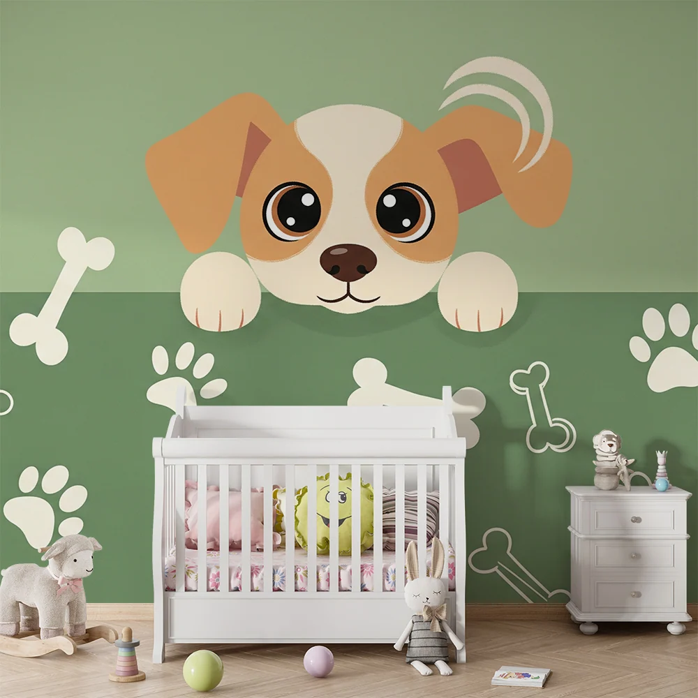 Papier peint chambre enfant | Adorable chiot avec os et empreintes de pattes