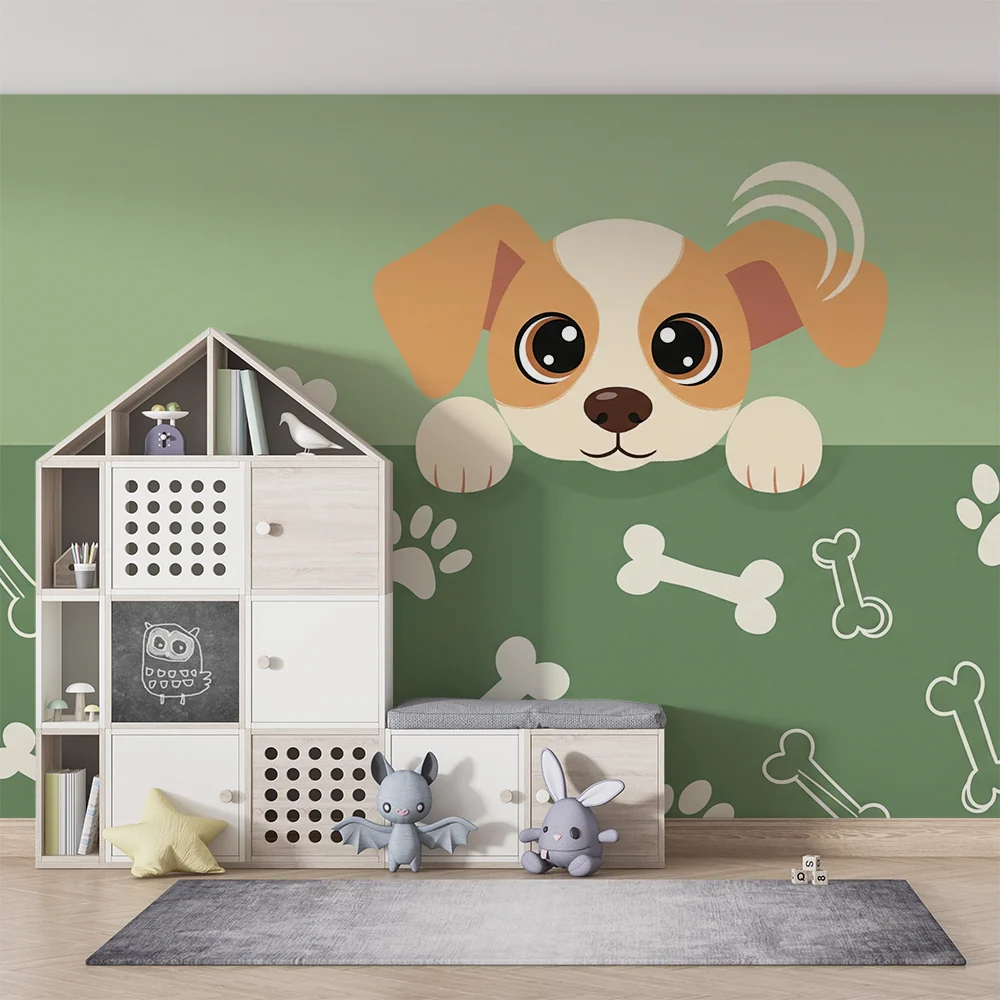 Papier peint chambre enfant | Adorable chiot avec os et empreintes de pattes