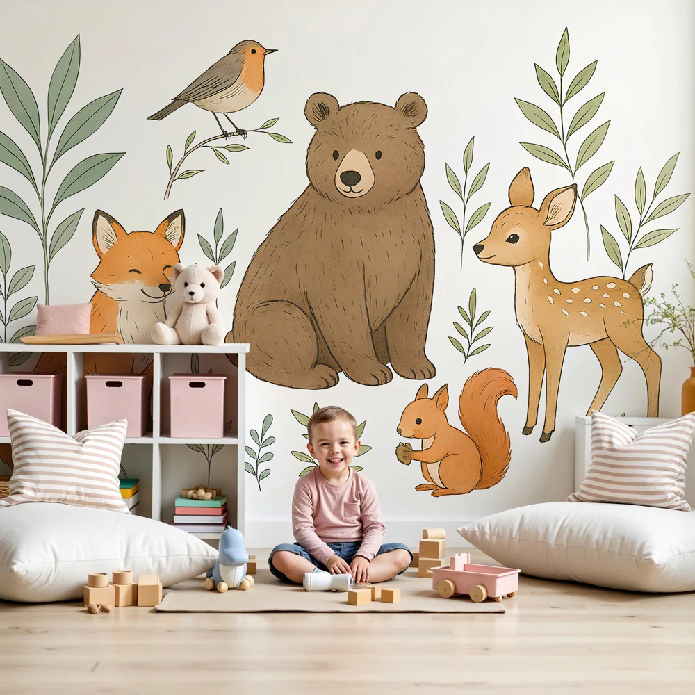 Papier peint chambre enfant | Animaux des bois et nature douce