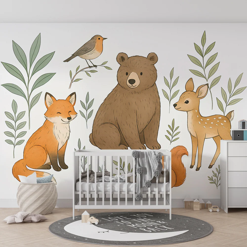 Papier peint chambre enfant | Animaux des bois et nature douce
