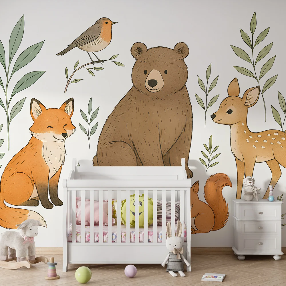 Papier peint chambre enfant | Animaux des bois et nature douce