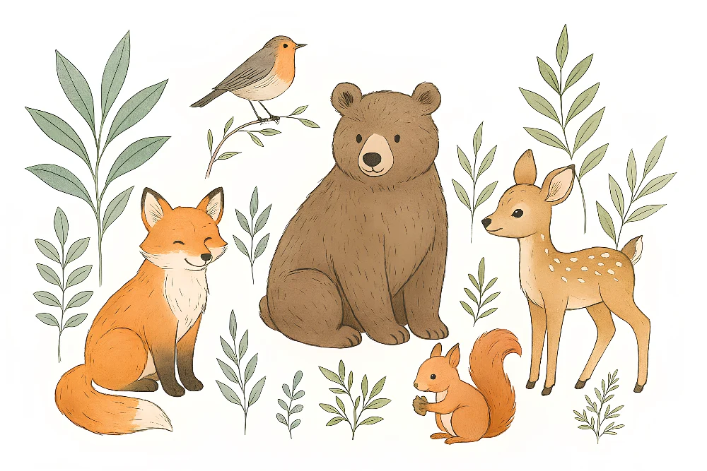 Papier peint chambre enfant | Animaux des bois et nature douce