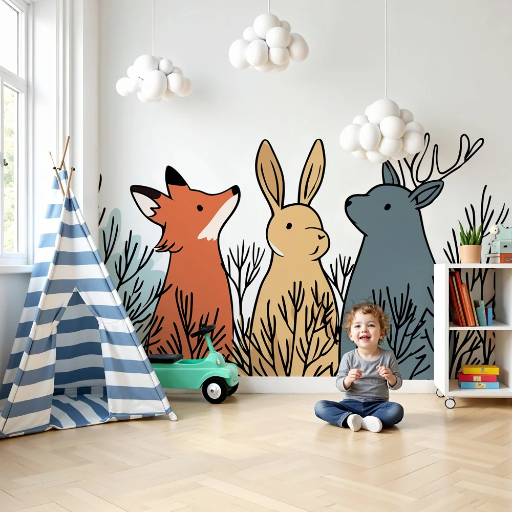Papier peint chambre enfant | Animaux de la êt dans les sous-bois