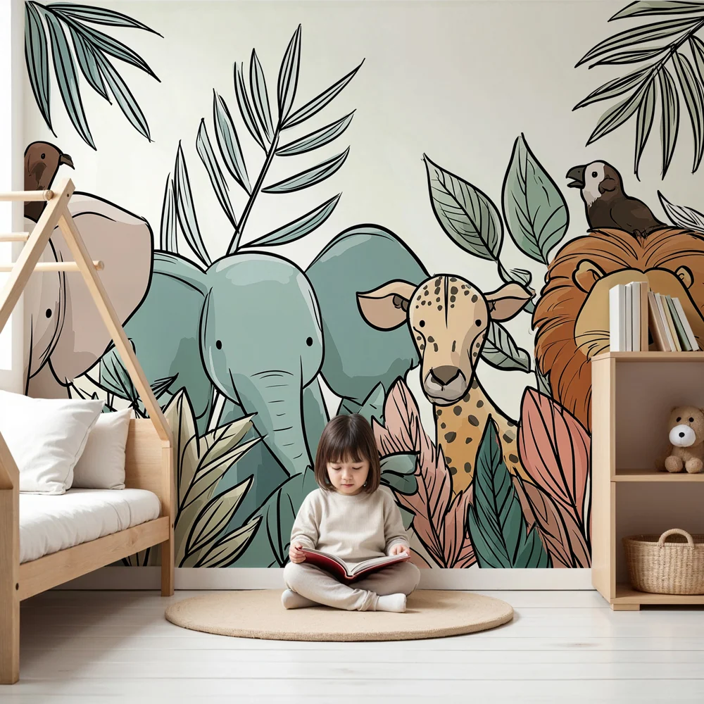 Papier peint chambre enfant | Animaux de la jungle et feuillage coloré