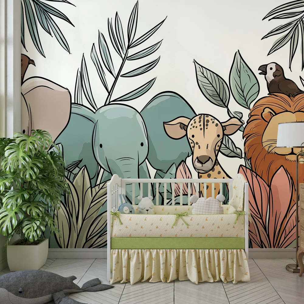 Papier peint chambre enfant | Animaux de la jungle et feuillage coloré