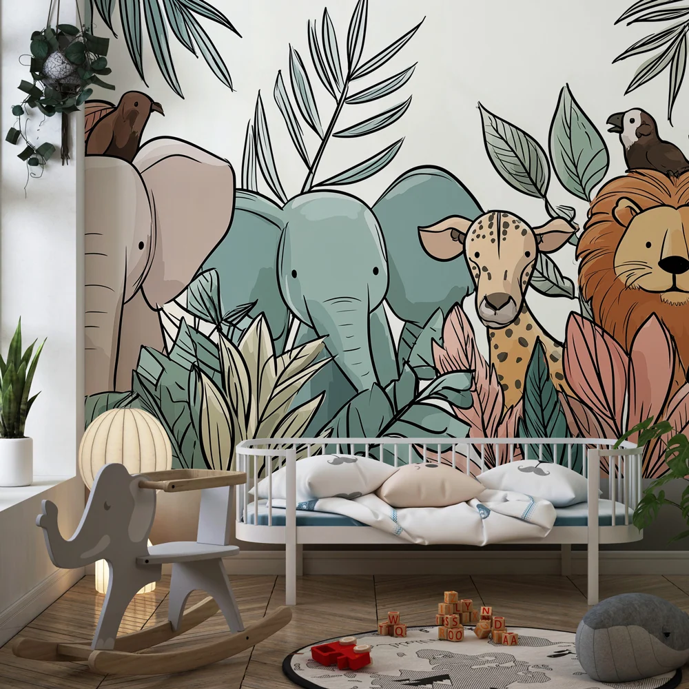 Papier peint chambre enfant | Animaux de la jungle et feuillage coloré