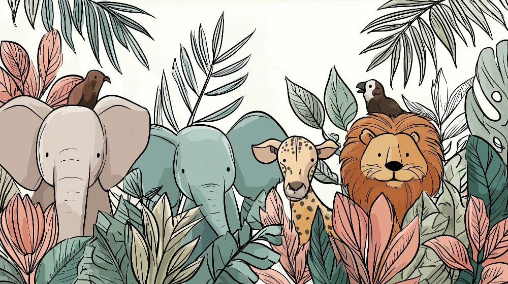 Papier peint chambre enfant | Animaux de la jungle et feuillage coloré