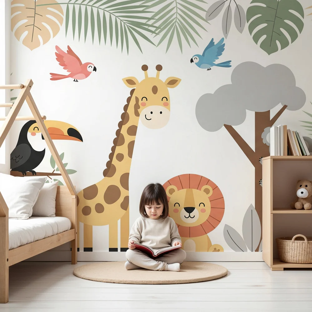 Papier peint chambre enfant | Animaux de la jungle et feuilles tropicales
