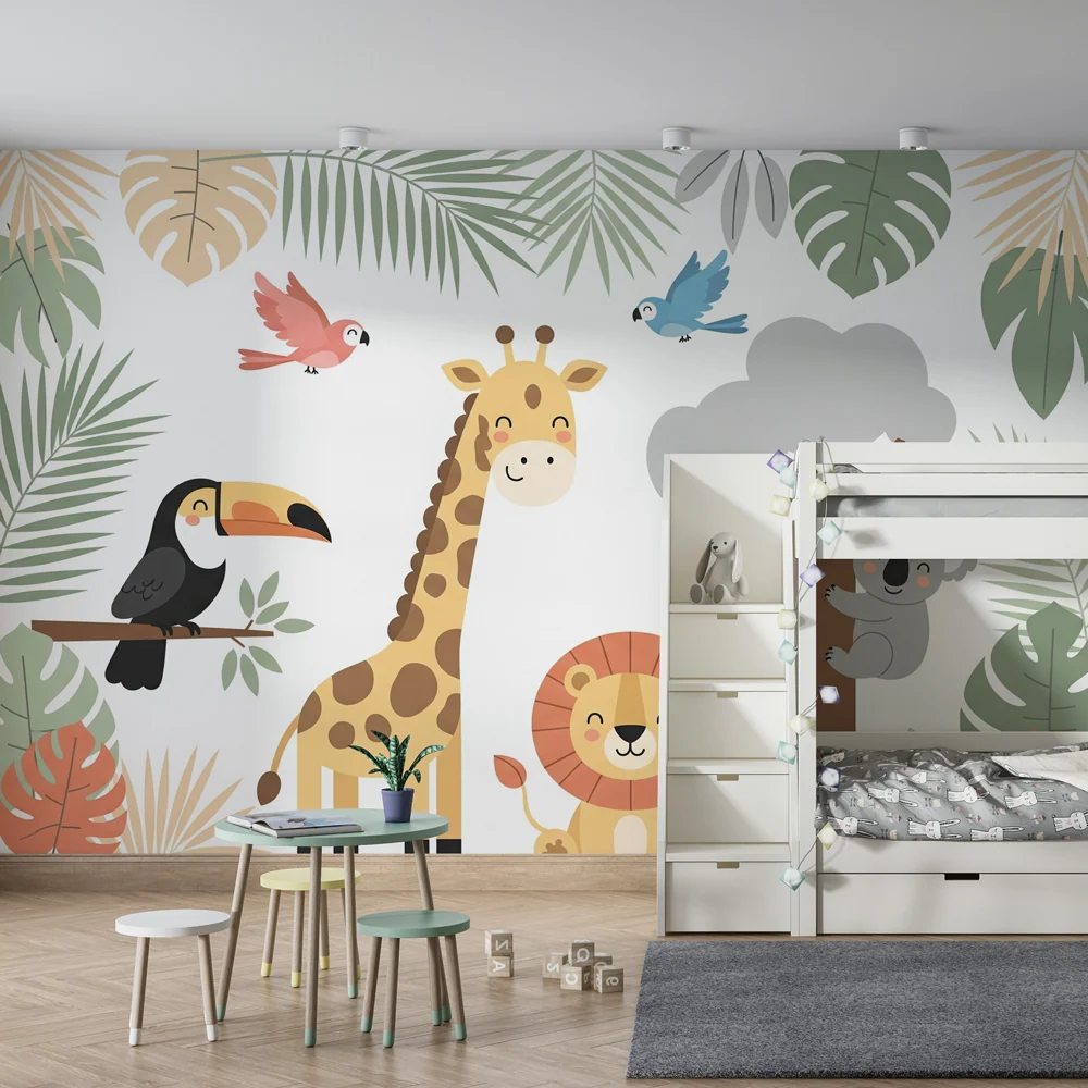 Papier peint chambre enfant | Animaux de la jungle et feuilles tropicales