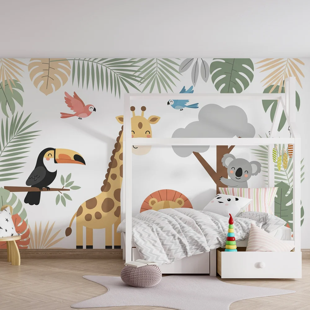 Papier peint chambre enfant | Animaux de la jungle et feuilles tropicales
