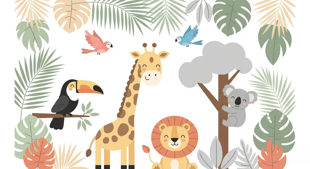 Papier peint chambre enfant | Animaux de la jungle et feuilles tropicales