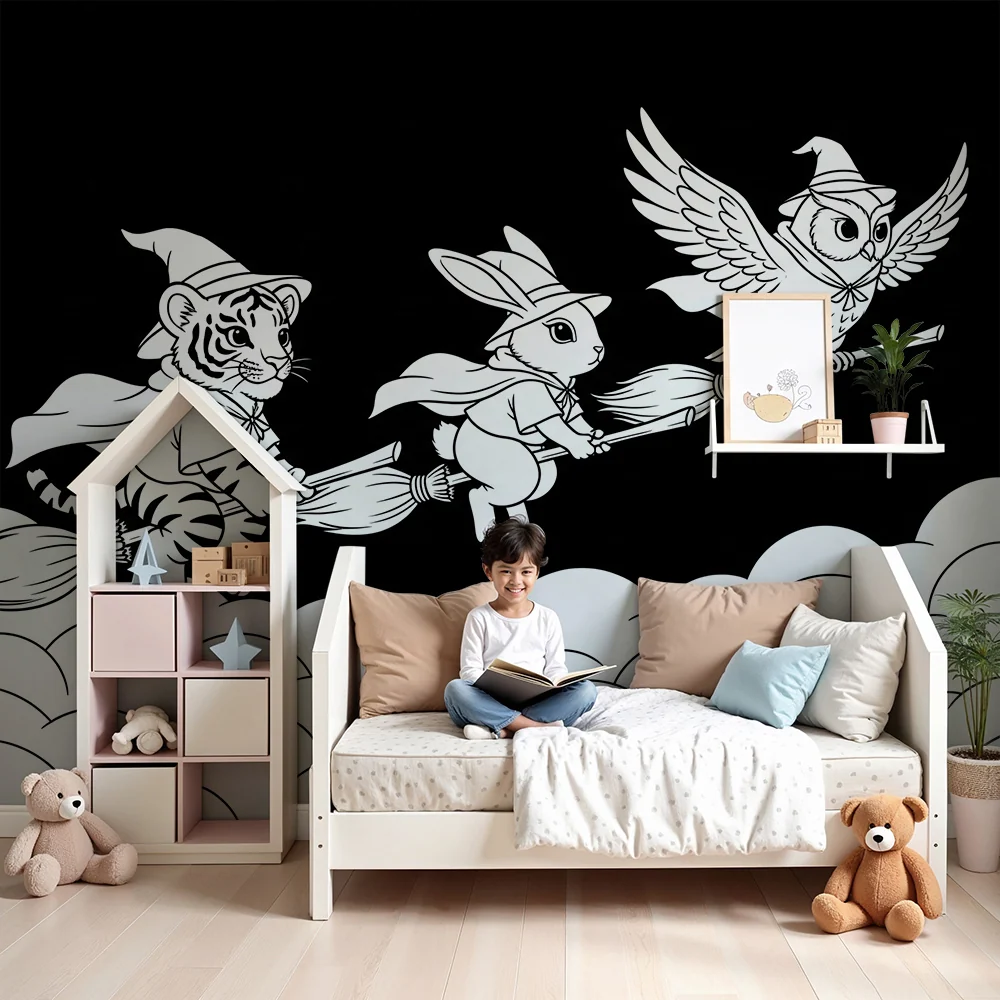 Papier peint chambre enfant | Animaux magiques en vol sur des balais dans un ciel étoilé