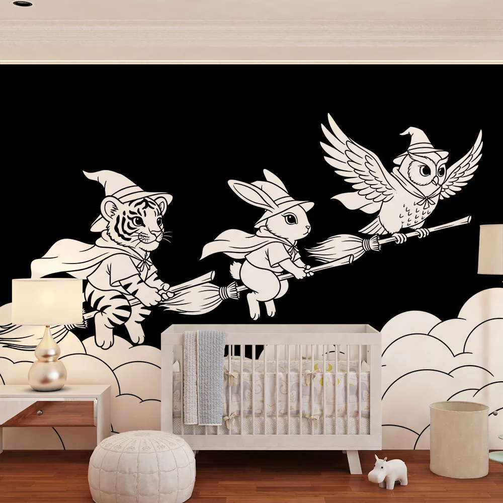 Papier peint chambre enfant | Animaux magiques en vol sur des balais dans un ciel étoilé