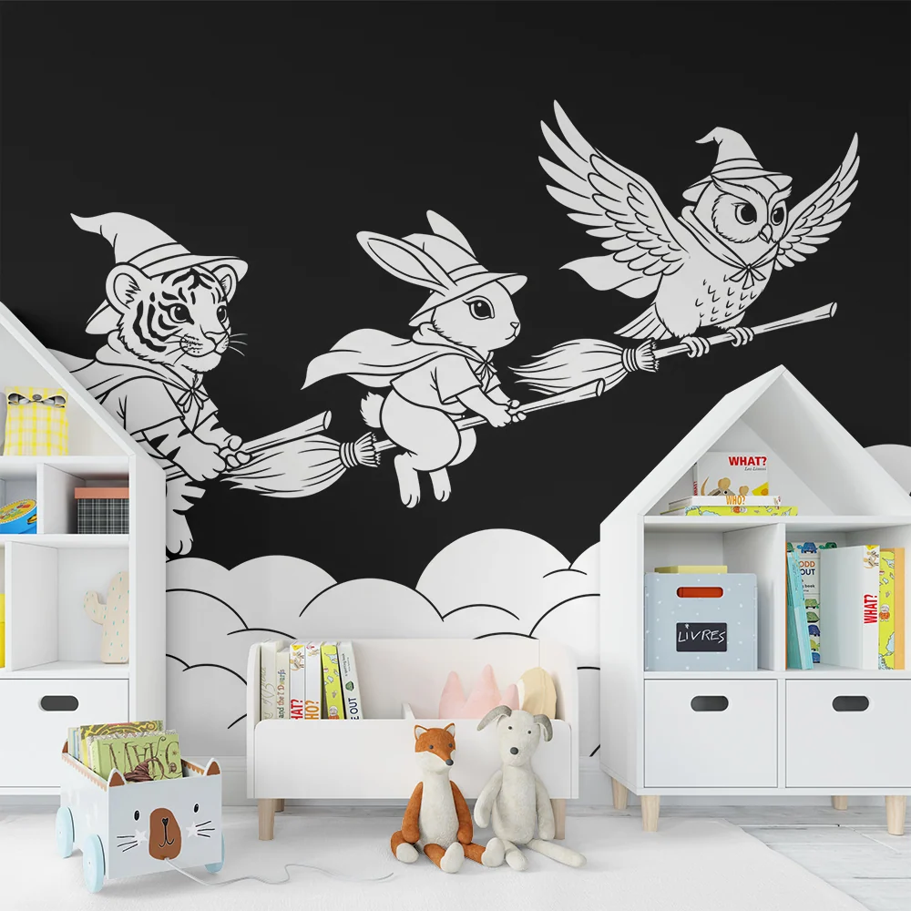 Papier peint chambre enfant | Animaux magiques en vol sur des balais dans un ciel étoilé