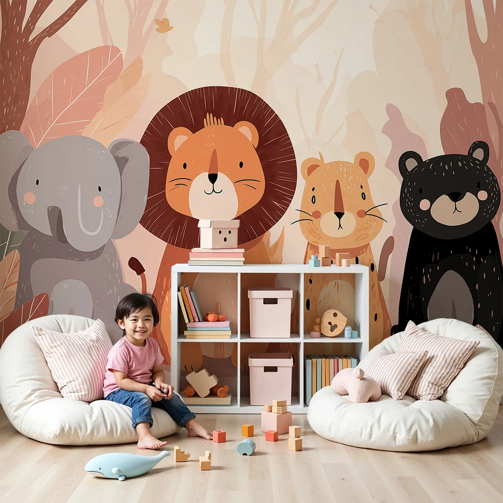 Papier peint chambre enfant | Animaux mignons de la jungle avec feuillage coloré
