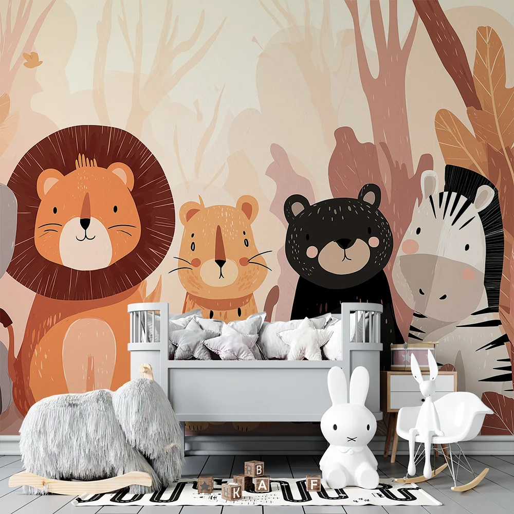 Papier peint chambre enfant | Animaux mignons de la jungle avec feuillage coloré