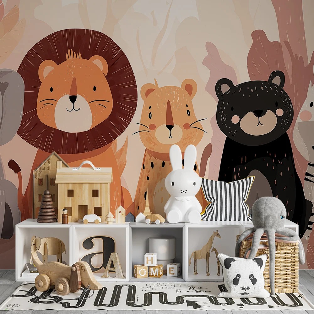 Papier peint chambre enfant | Animaux mignons de la jungle avec feuillage coloré