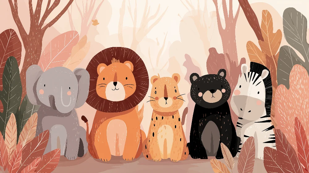Papier peint chambre enfant | Animaux mignons de la jungle avec feuillage coloré