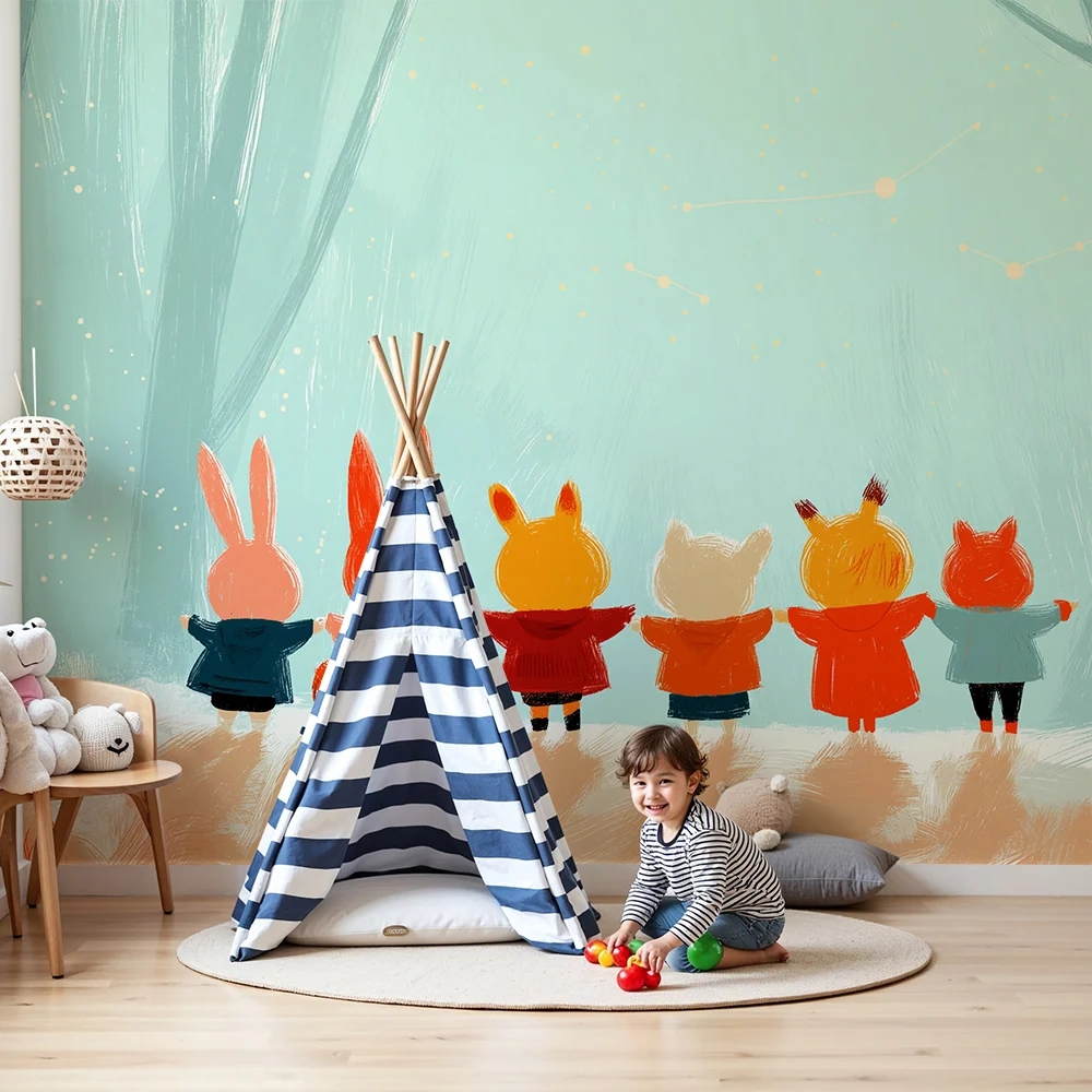 Papier peint chambre enfant | Animaux mignons sous un ciel étoilé