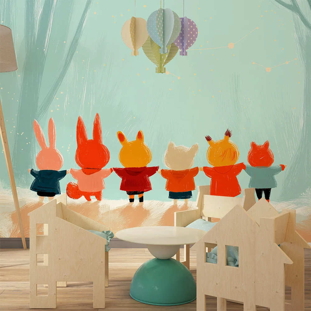 Papier peint chambre enfant | Animaux mignons sous un ciel étoilé