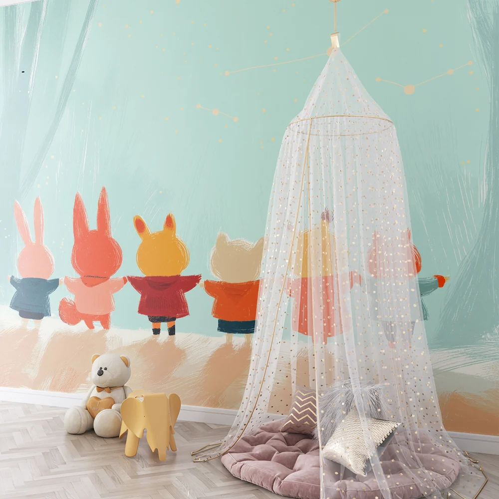 Papier peint chambre enfant | Animaux mignons sous un ciel étoilé