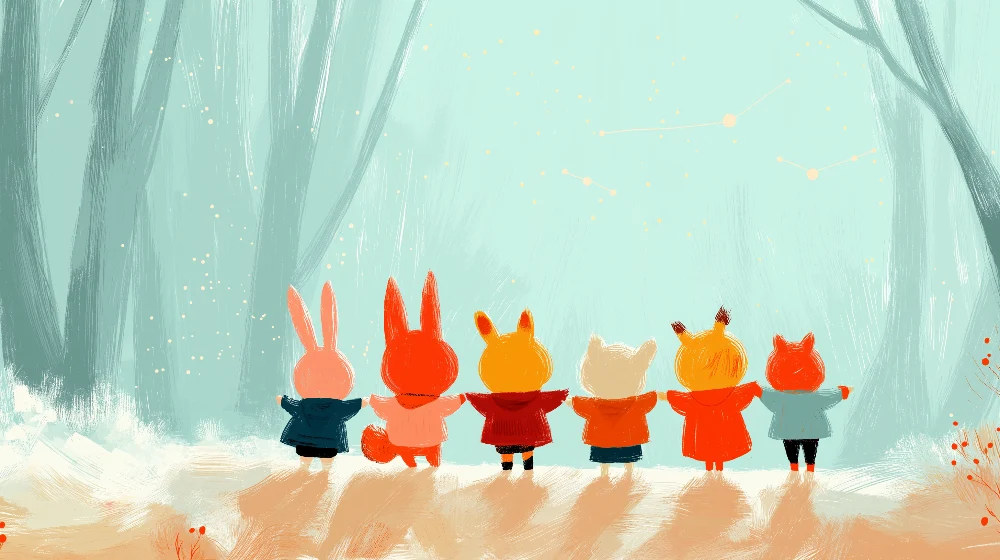 Papier peint chambre enfant | Animaux mignons sous un ciel étoilé