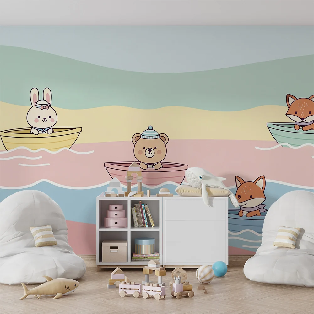 Papier peint chambre enfant | Animaux mignons en bateau sur une mer pastel