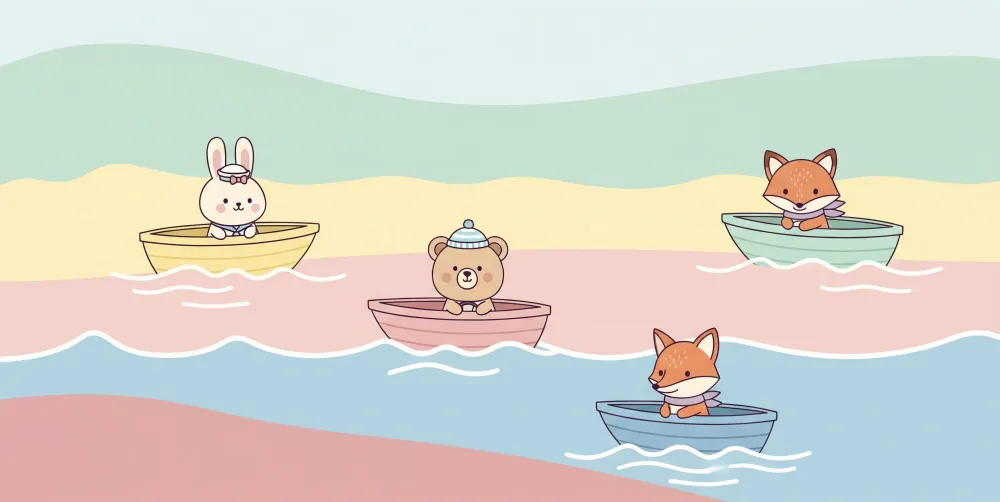 Papier peint chambre enfant | Animaux mignons en bateau sur une mer pastel