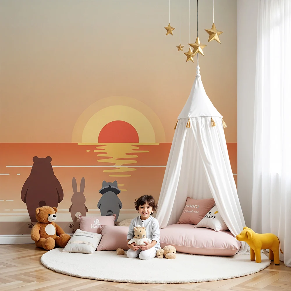 Papier peint chambre enfant | Animaux mignons admirant le coucher de soleil