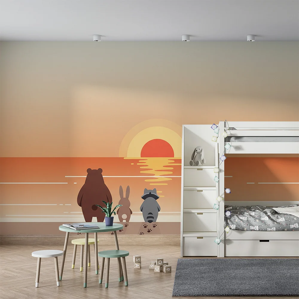 Papier peint chambre enfant | Animaux mignons admirant le coucher de soleil