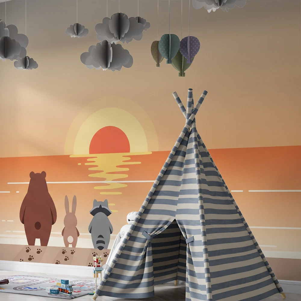 Papier peint chambre enfant | Animaux mignons admirant le coucher de soleil