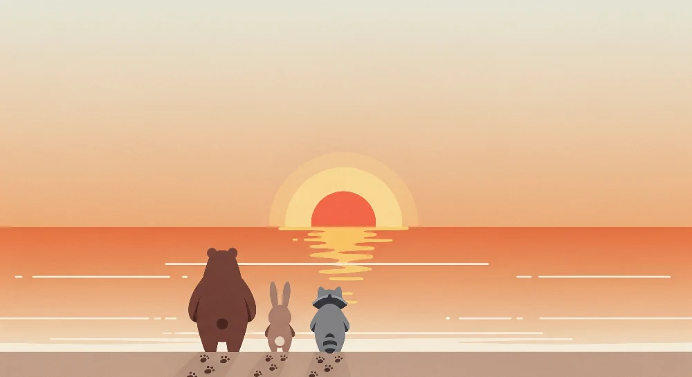 Papier peint chambre enfant | Animaux mignons admirant le coucher de soleil