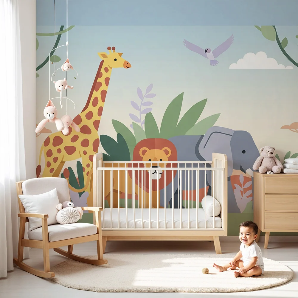 Papier peint chambre enfant | Animaux de la savane avec girafe éléphant et lion
