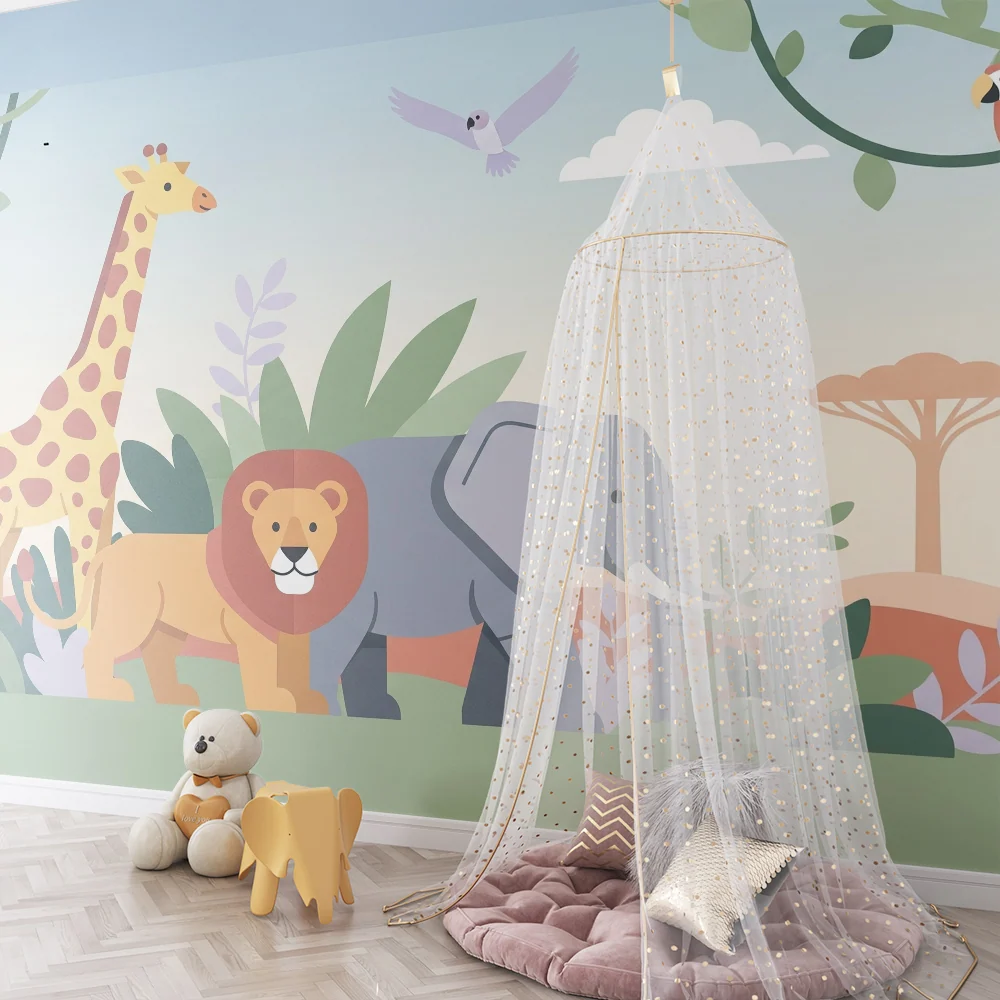 Papier peint chambre enfant | Animaux de la savane avec girafe éléphant et lion