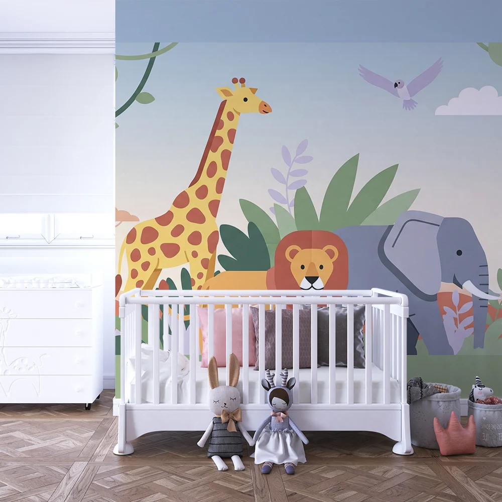 Papier peint chambre enfant | Animaux de la savane avec girafe éléphant et lion
