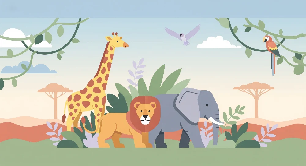 Papier peint chambre enfant | Animaux de la savane avec girafe éléphant et lion