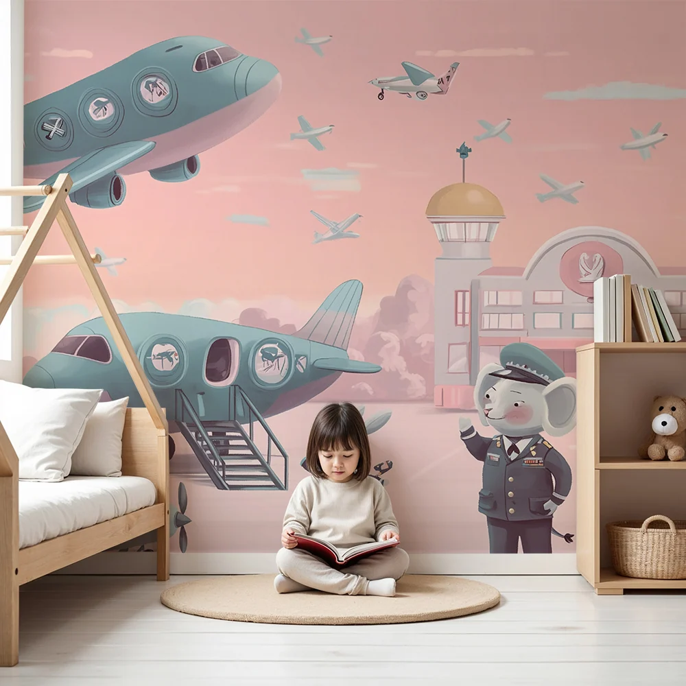 Papier peint chambre enfant | éroport enchanté et animaux pilotes
