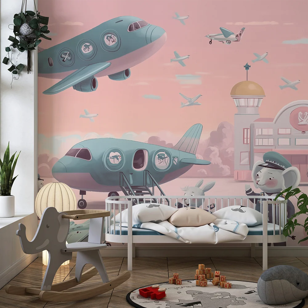 Papier peint chambre enfant | éroport enchanté et animaux pilotes