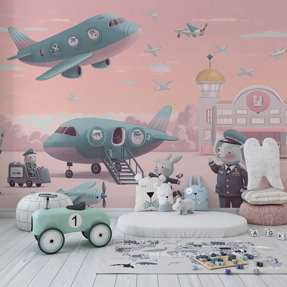 Papier peint chambre enfant | éroport enchanté et animaux pilotes