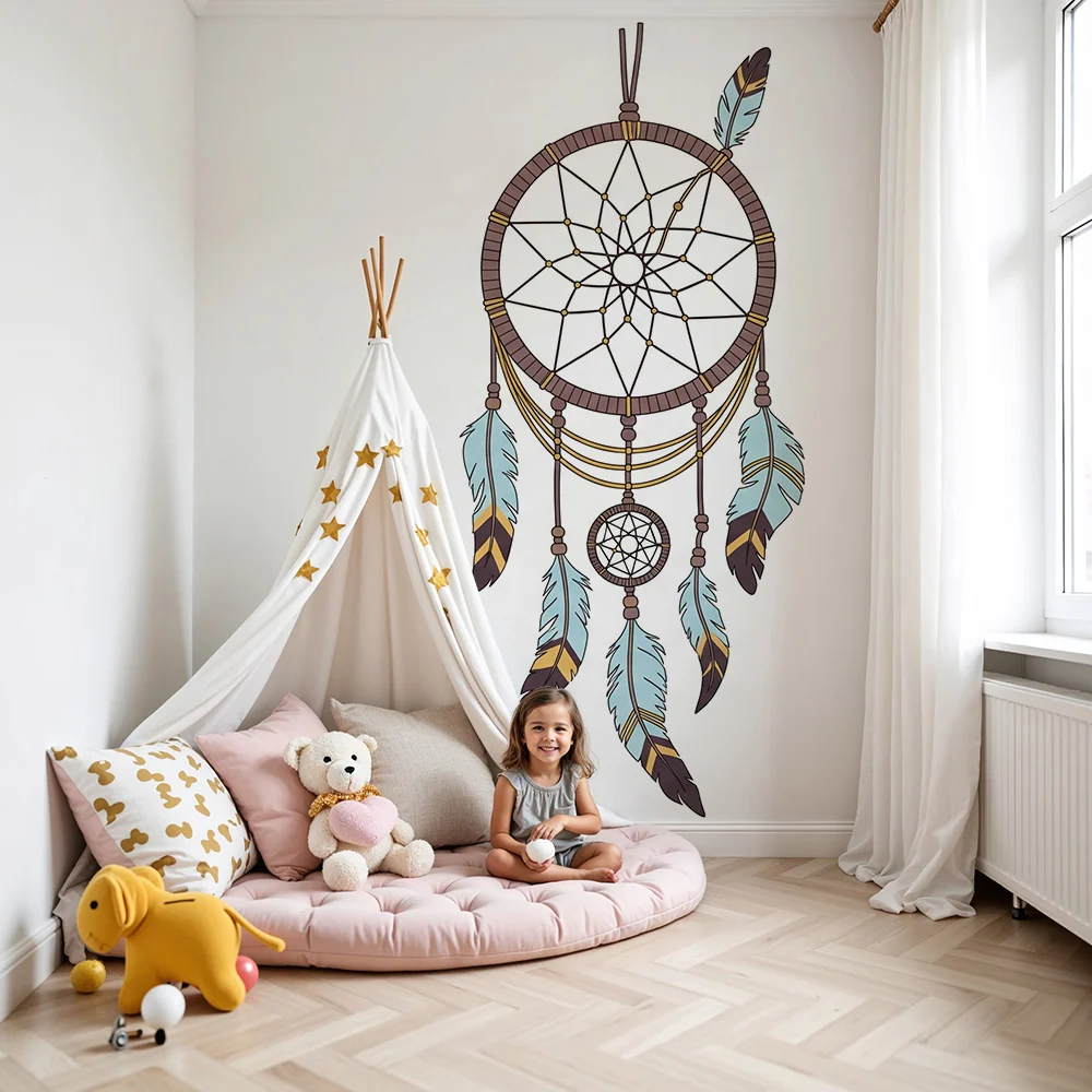 Papier peint chambre enfant | Attrape-rêves coloré avec plumes délicates