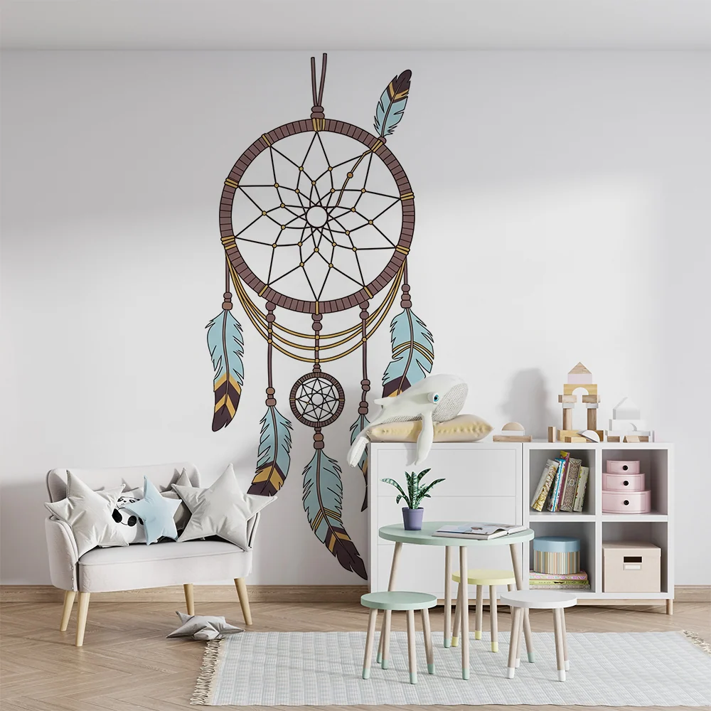 Papier peint chambre enfant | Attrape-rêves coloré avec plumes délicates