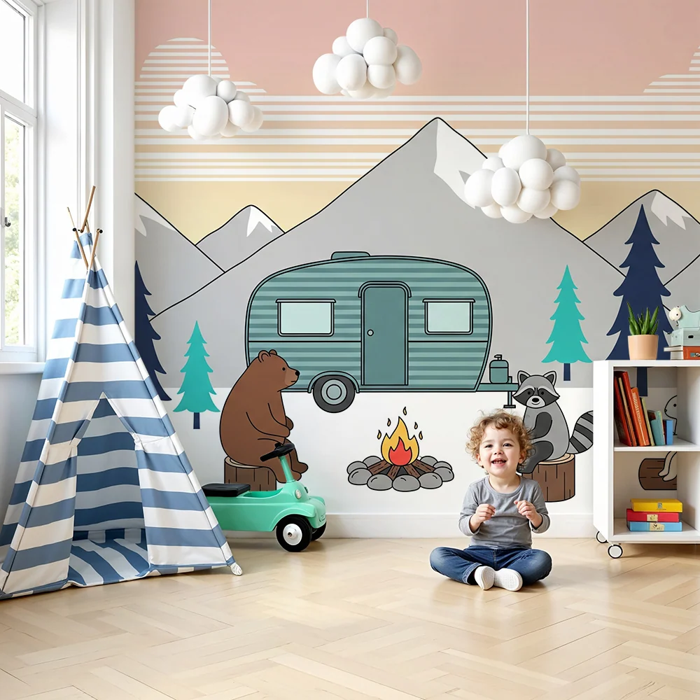 Papier peint chambre enfant | Aventure en pleine nature avec ours, raton laveur et lapin