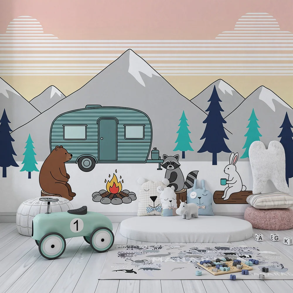 Papier peint chambre enfant | Aventure en pleine nature avec ours, raton laveur et lapin